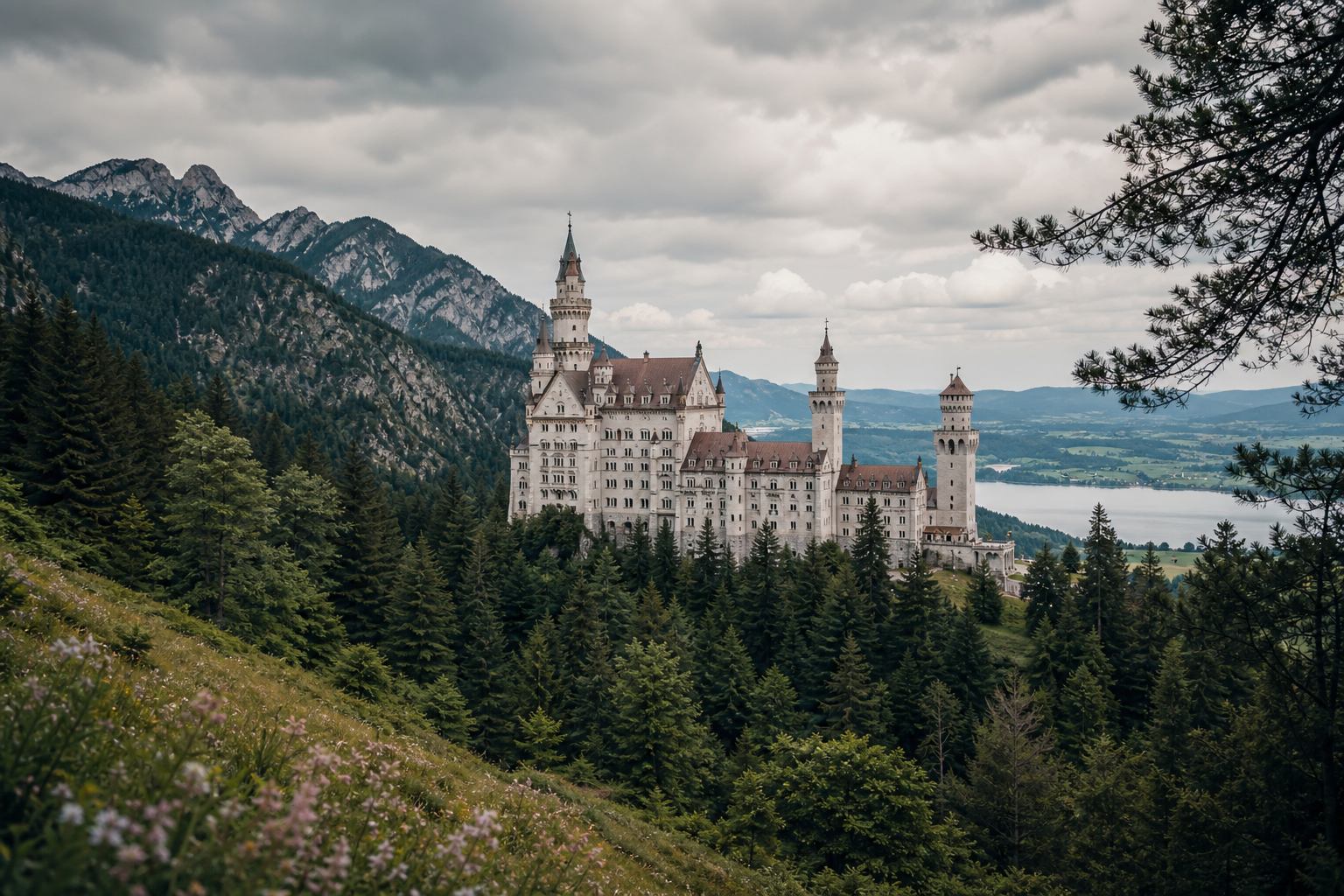 Schloss Neuschwanstein über Waldhängen